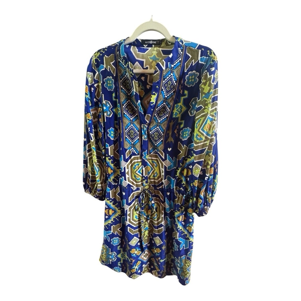 Alice & Trixie Large Boho Blue Green Geometric Silk Mini Dress Elastic Waist